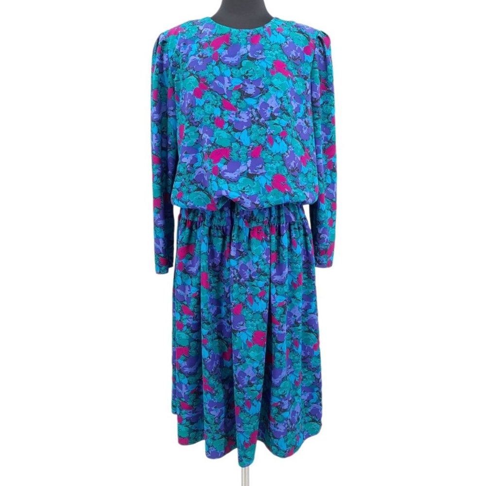 VTG 80s It's a Rich Miss Blue Pink Purple Floral Long Sleeve Blouson Dress L USA